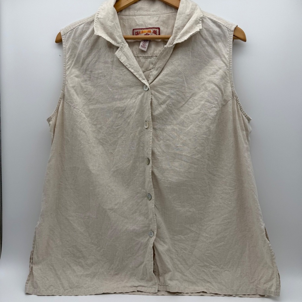 Caribbean Joe Women's XL 100% Linen Sleeveless Button Front Shirt Beige Coastal